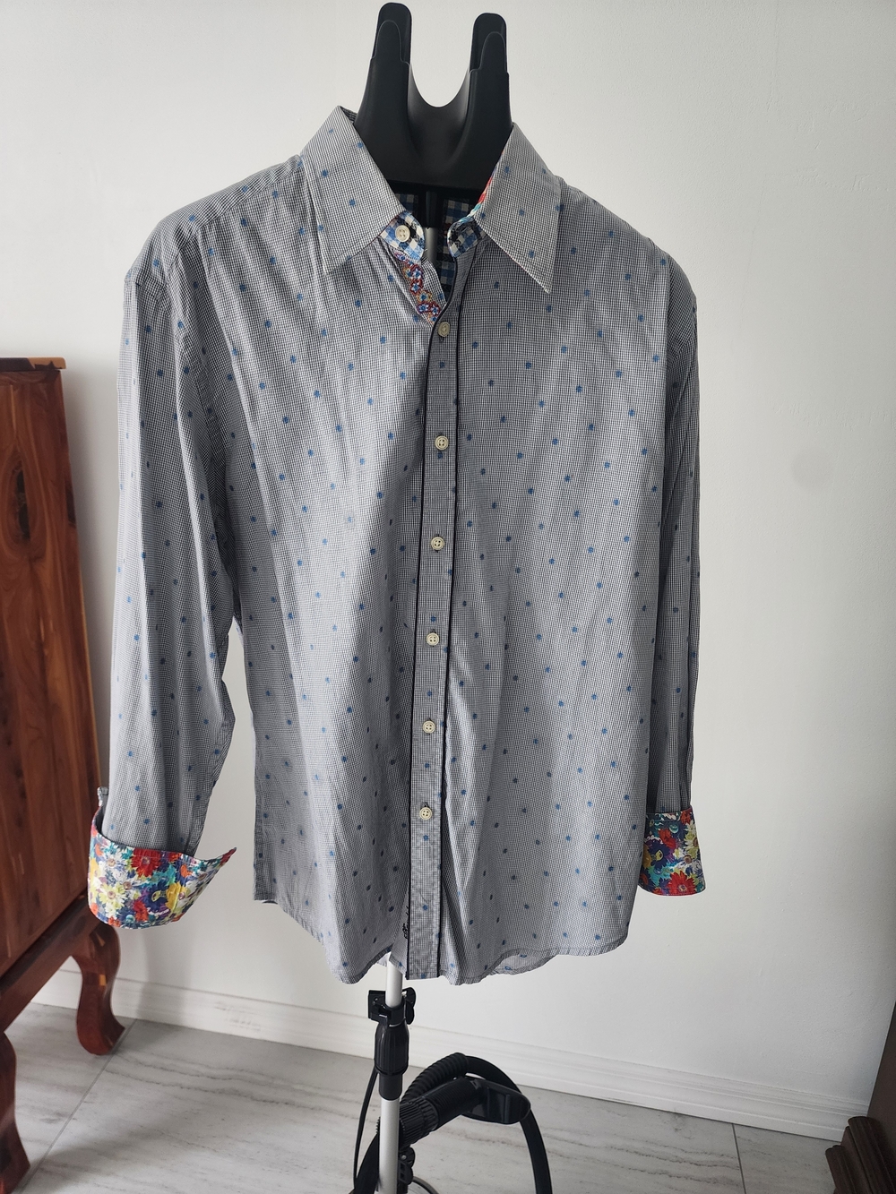 Robert Graham Grey Shirt with Blue Dot Pattern and Floral Trim
